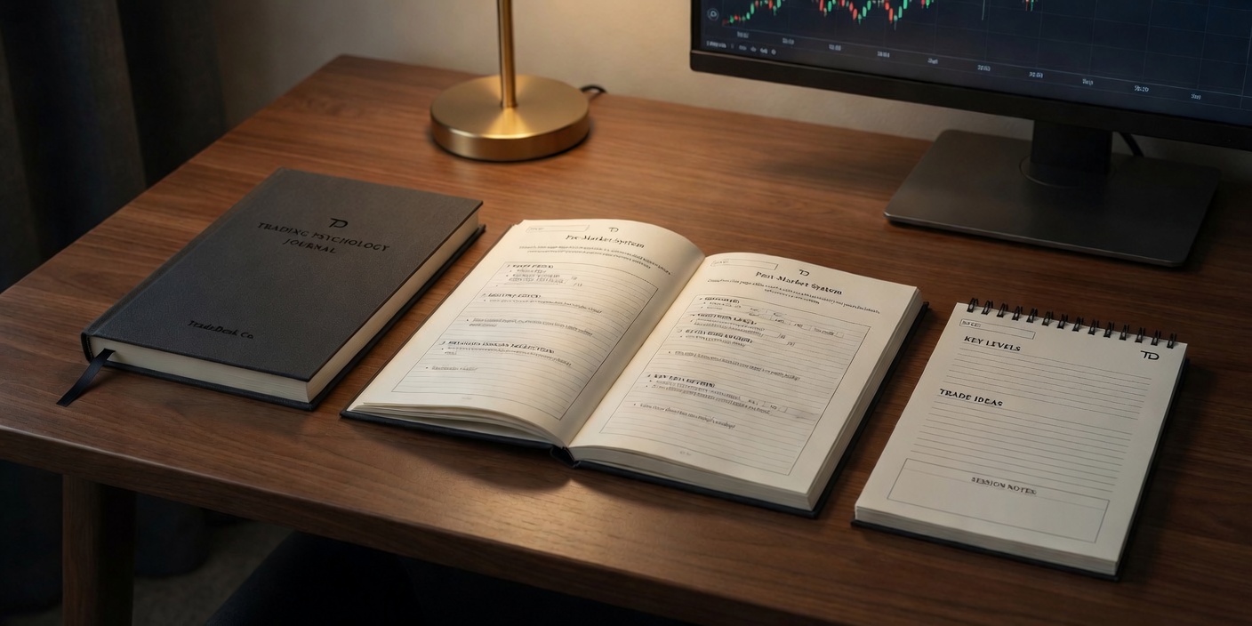 Trade Desk journal open to the pre-market and post-market pages, with the session notepad on a desk